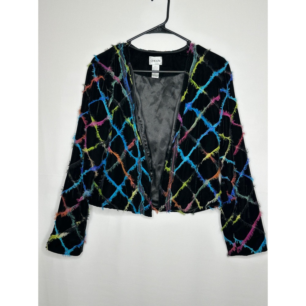 Chico's Silk Velvet Fringe Jacket Open Front Eyelash Rainbow Lattice Black 0